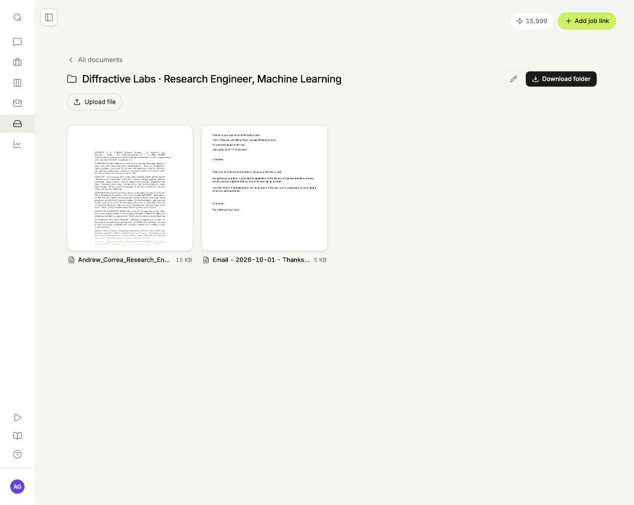 An application folder with its CV and an email PDF.