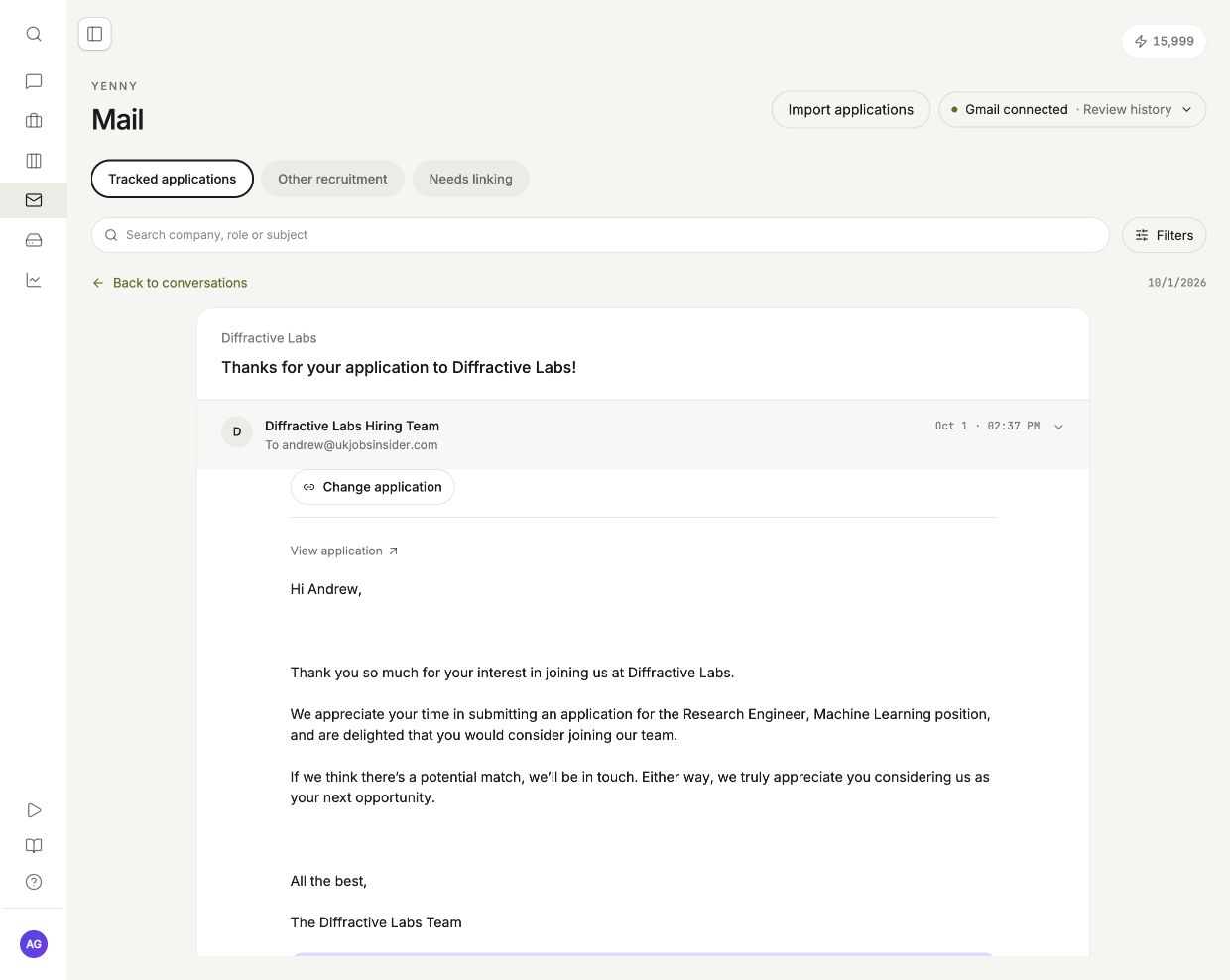 MYO Mail with an application receipt and the Change application control.
