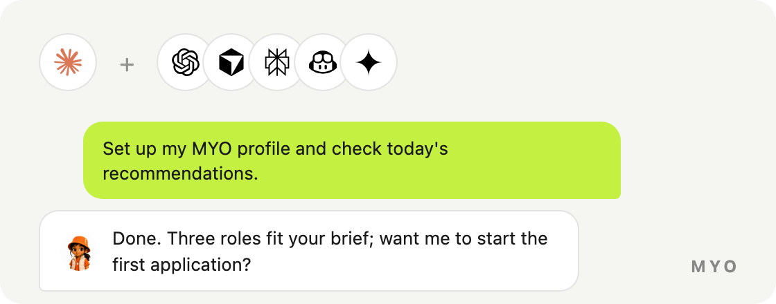 Claude and other AI assistant logos above an example conversation with Milo about job recommendations.